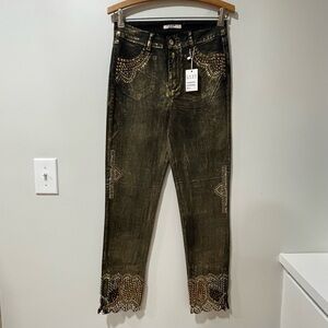 NWT Luxe Moda Embellished Glam Jeans Black Gold Bling Rhinestones Studs Bold